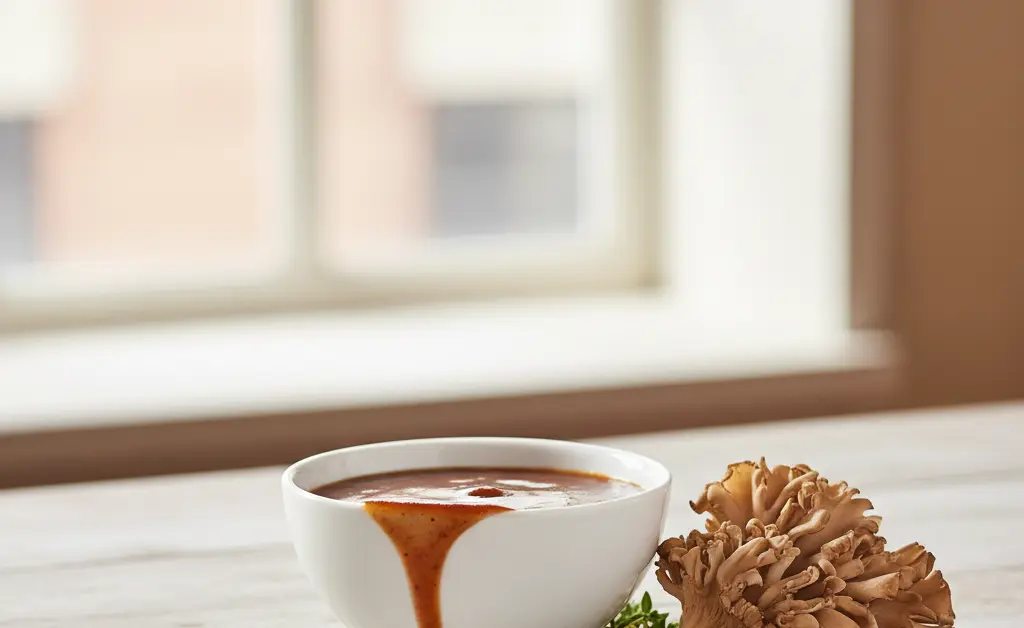 A beautifully prepared maitake mushroom sauce for steak is shown in a small serving bowl next to fresh ingredients on a rustic wooden board.
