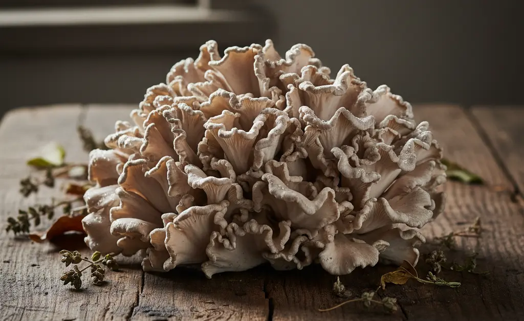 A cluster of fresh maitake mushrooms, known by their maitake mushroom scientific name Grifola frondosa, resting on a rustic wooden surface.