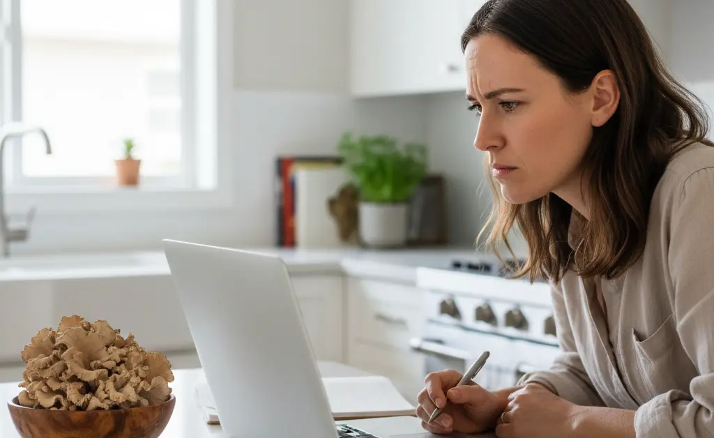 A concerned person researches potential maitake mushroom side effects online using a laptop in a bright, modern kitchen.