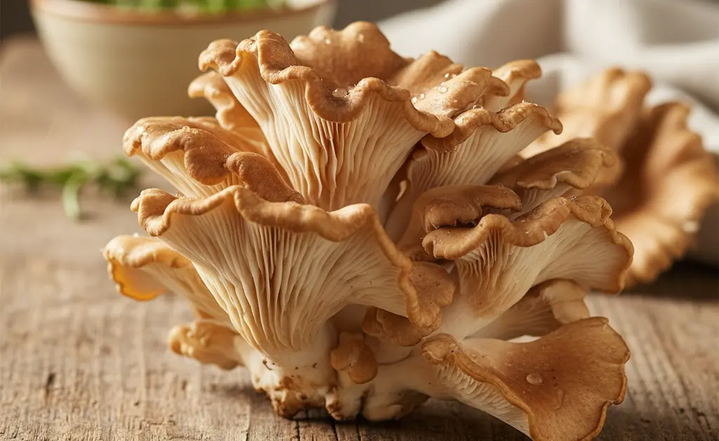 A close-up, photorealistic shot showcasing a fresh cluster of maitake mushrooms, highlighting their frilly texture and earthy tones, allowing one to visually assess the maitake mushroom smell.