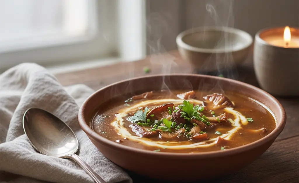 A steaming, rustic bowl of nourishing soup prepared from a maitake mushroom soup recipe and garnished with fresh parsley.
