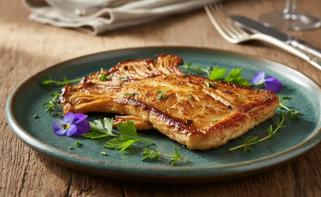 A perfectly seared and plated dish demonstrating a delicious maitake mushroom steak recipe.