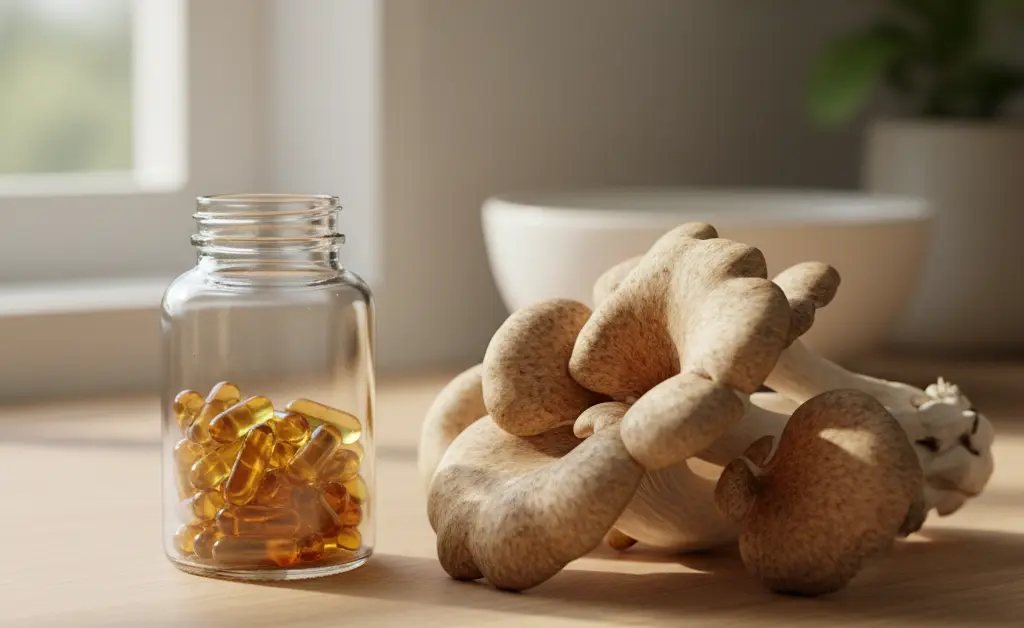 A bottle of capsules next to fresh maitake mushrooms on a wooden table, illustrating the topic of maitake mushroom supplement benefits.