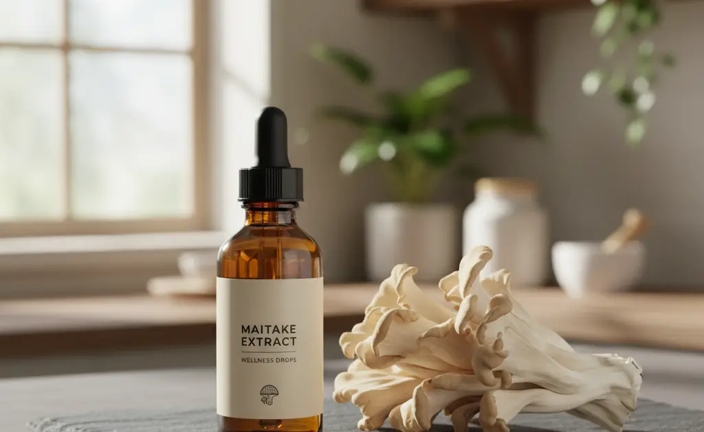 A high-quality maitake mushroom supplement is displayed on a rustic wooden table next to fresh maitake mushrooms.
