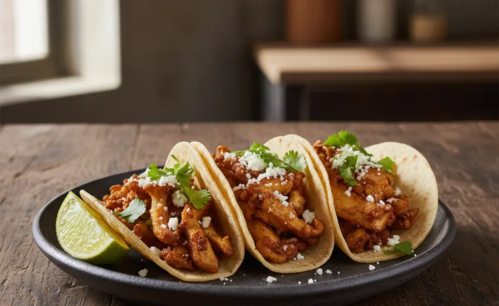 A vibrant plate of three tacos made with the maitake mushroom tacos recipe, garnished with fresh cilantro and a lime wedge.