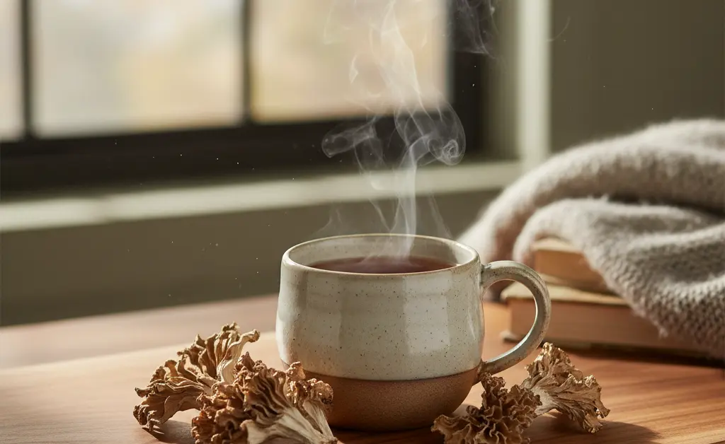 A warm, steaming ceramic mug of herbal tea sits on a rustic wooden table, illustrating the maitake mushroom tea benefits for wellness.