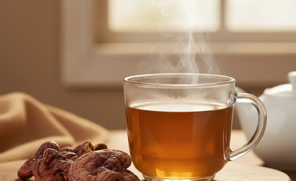 A warm, steaming mug of maitake mushroom tea sits on a rustic wooden table next to dried maitake pieces, ready to be enjoyed.