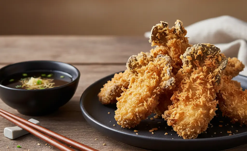 A beautifully arranged platter of golden, crispy maitake mushroom tempura is served with a traditional dipping sauce.