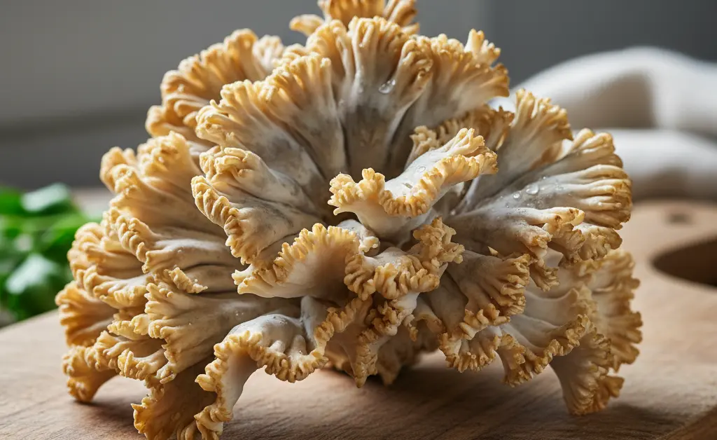 A close-up, hyperrealistic photograph showcasing the unique maitake mushroom texture, emphasizing its layered, frilled edges.
