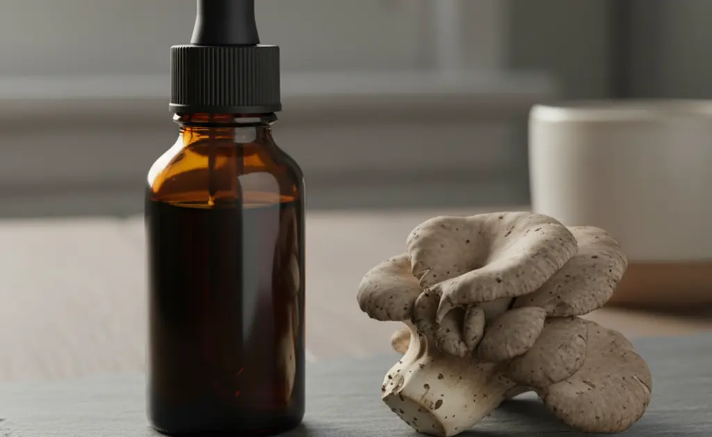 A clear dropper bottle of mushroom extract rests on a rustic wooden surface, illustrating the maitake mushroom tincture benefits for a wellness-focused lifestyle.