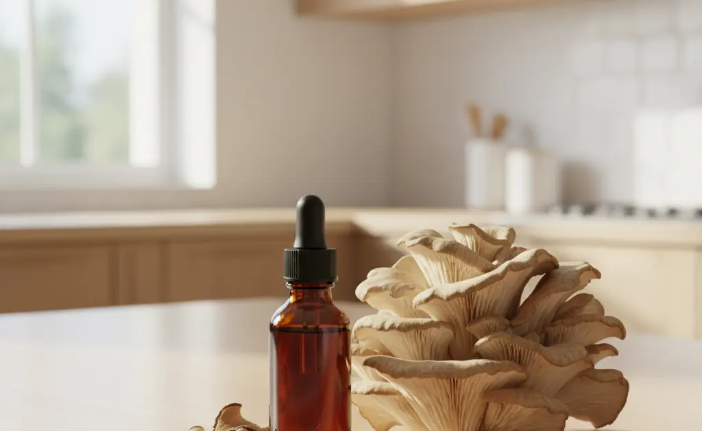 A well-lit photo shows a dropper bottle of maitake mushroom tincture placed next to a cluster of fresh maitake mushrooms on a clean, light surface.