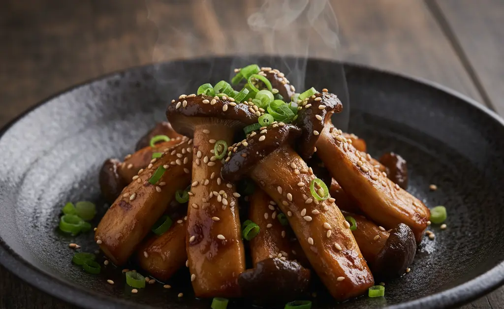 A sizzling, beautifully prepared maitake mushroom toban yaki is presented on a traditional dark ceramic plate, garnished with fresh scallions.