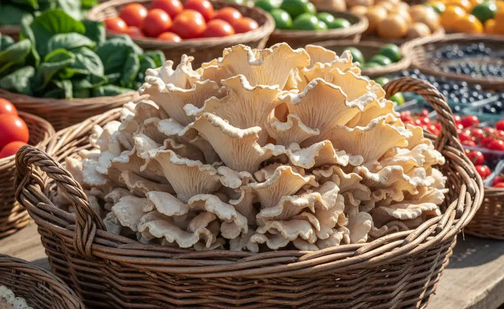A beautiful, fresh cluster of maitake mushroom uk displayed in a wooden basket at a local food market.