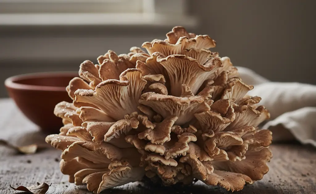 A large, fresh cluster of maitake mushroom usa sits on a rustic wooden table, showcasing its unique ruffled texture.