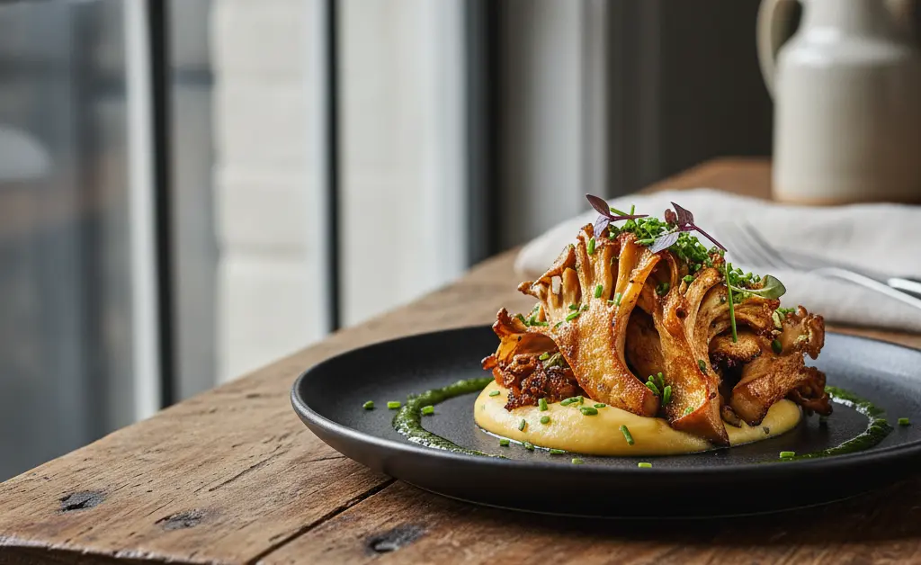 A beautifully plated and delicious maitake mushroom vegan recipe served on a rustic wooden table.
