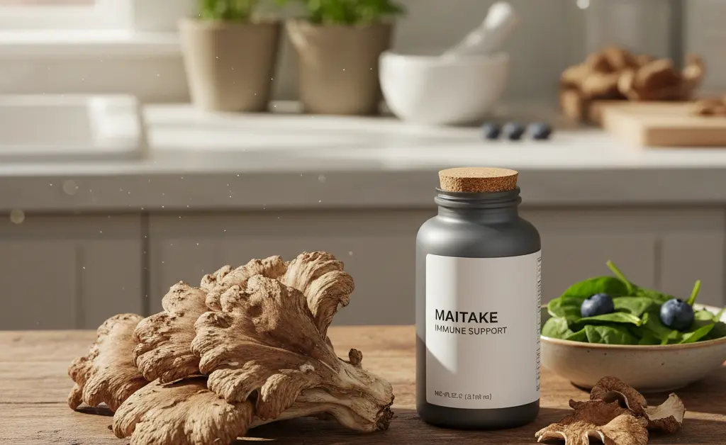 A visually appealing spread showcasing maitake mushroom vitamin d, with fresh mushrooms alongside a supplement bottle and natural sunlight filtering through a window.