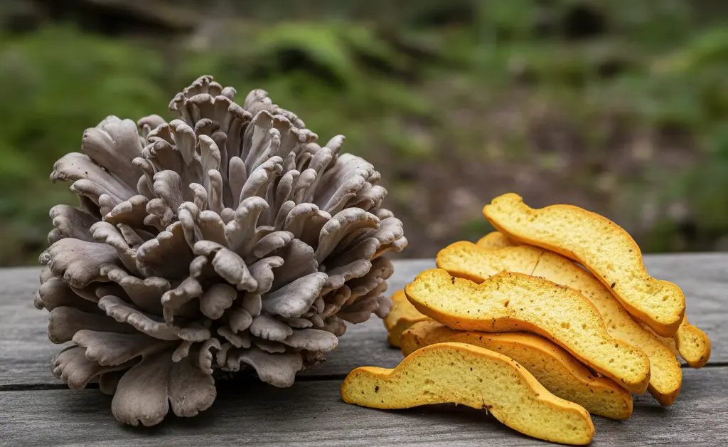 A visually striking comparison showcasing the distinct textures and colors of maitake mushroom vs chicken of the woods.