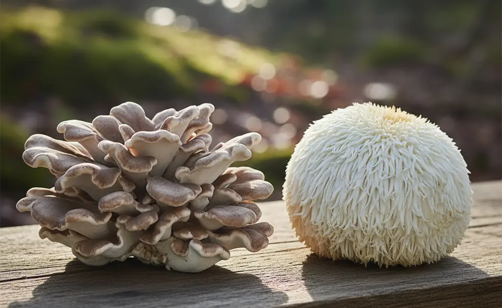 A side-by-side comparison showcasing the distinct textures and appearances of maitake mushroom vs lion's mane in a natural setting.