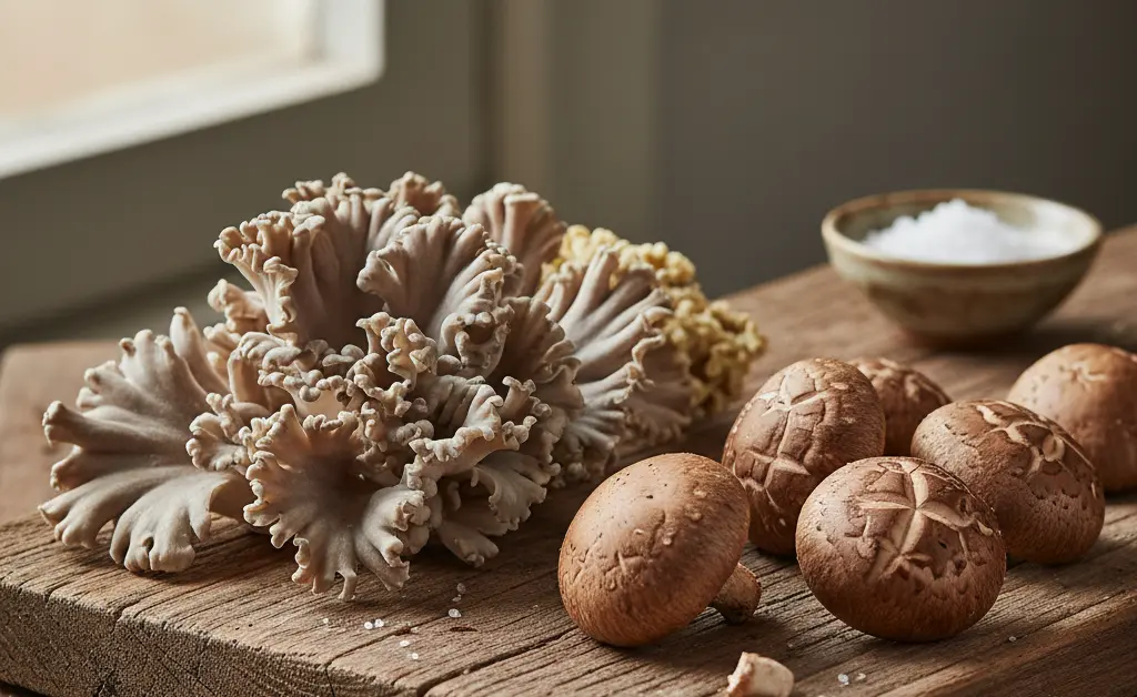 A side-by-side visual comparison highlighting the distinct textures and colors of maitake mushroom vs shiitake.