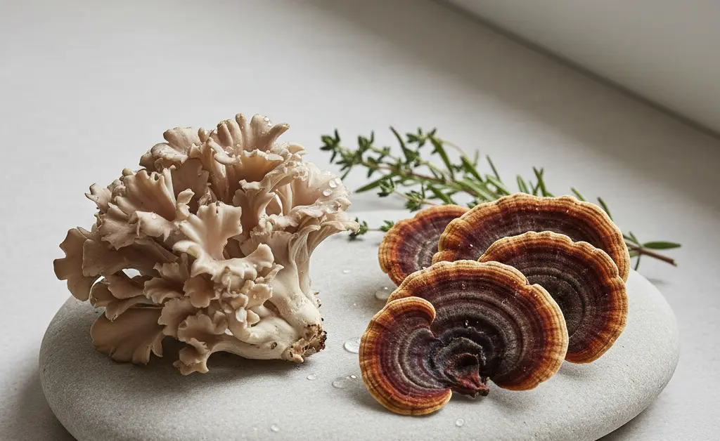 A visually appealing arrangement showcasing the distinct textures and colors of maitake mushroom vs turkey tail, presented on a clean, minimalist surface.