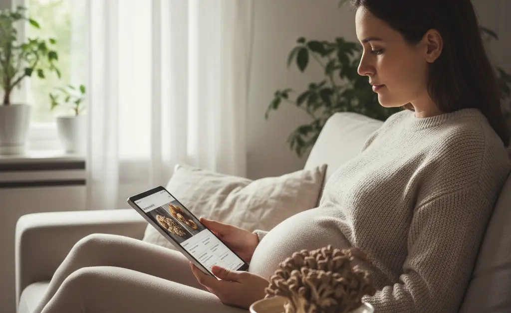A thoughtful expectant mother researches the safety of consuming maitake mushroom while pregnant on her tablet in a bright, cozy living room.