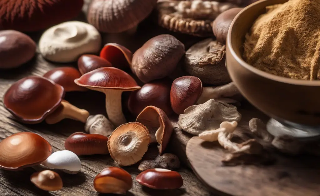 Close-up of various reishi mushroom supplements arranged on a wooden table representing reishi mushroom amazon options.