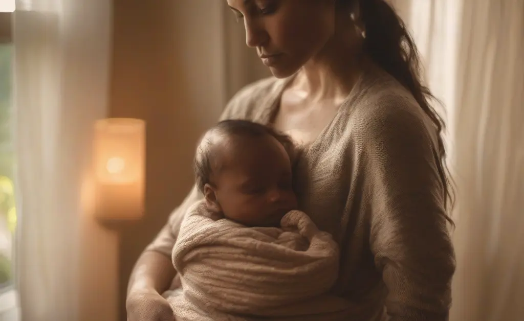 A calm mother gently holding her baby while considering the use of reishi mushroom and breastfeeding in a softly lit, cozy home setting.