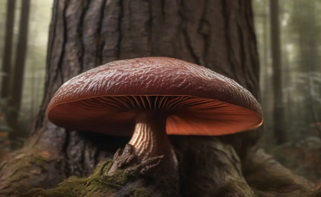 Close-up photograph highlighting the unique reishi mushroom appearance on a tree trunk in a shaded forest setting.