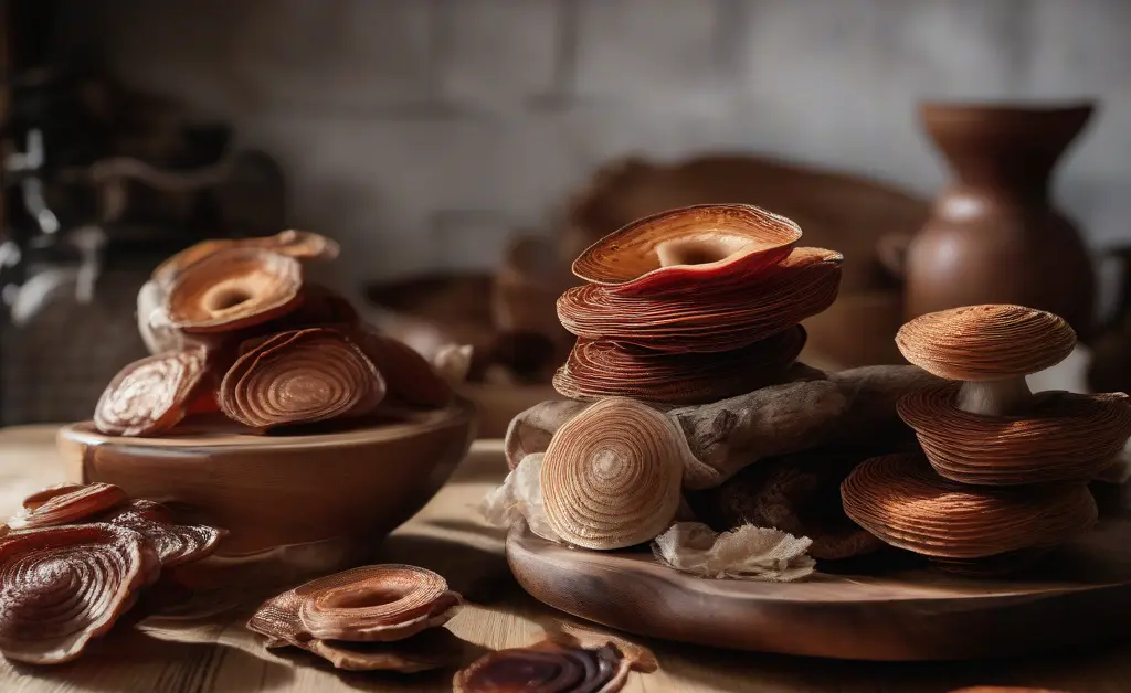 Close-up of premium dried reishi mushroom australia products displayed on a rustic wooden table with natural sunlight highlighting their rich textures.