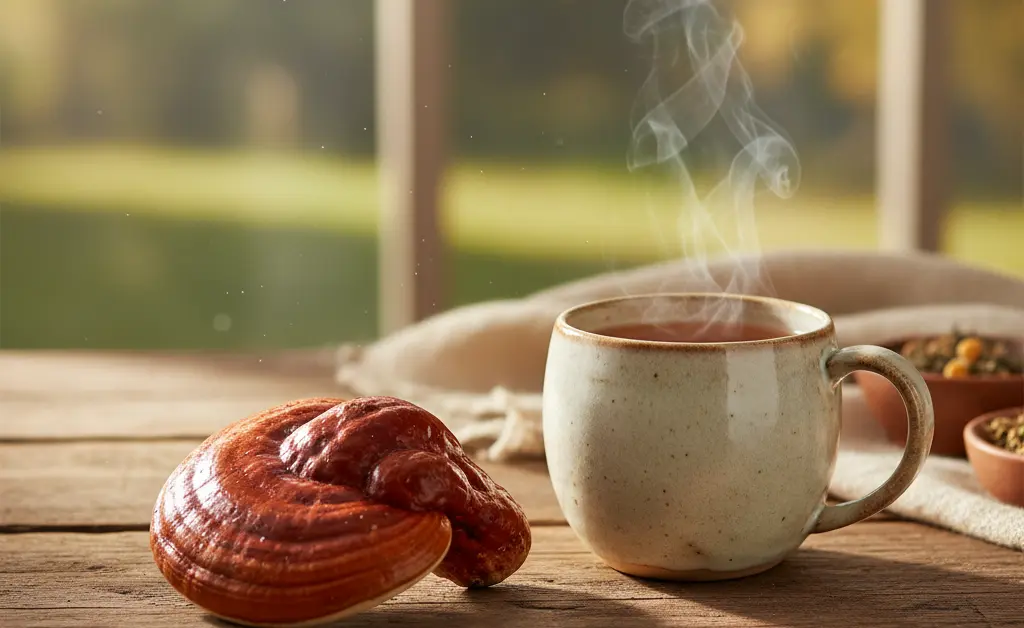 A whole dried reishi mushroom rests on a wooden surface next to a warm cup of tea, illustrating the reishi mushroom benefits for a wellness routine.