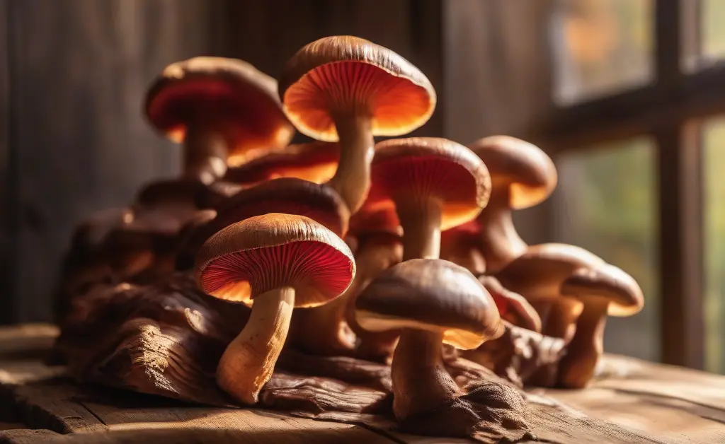 Close-up of fresh reishi mushrooms on a wooden table illustrating reishi mushroom benefits for brain health and memory support.