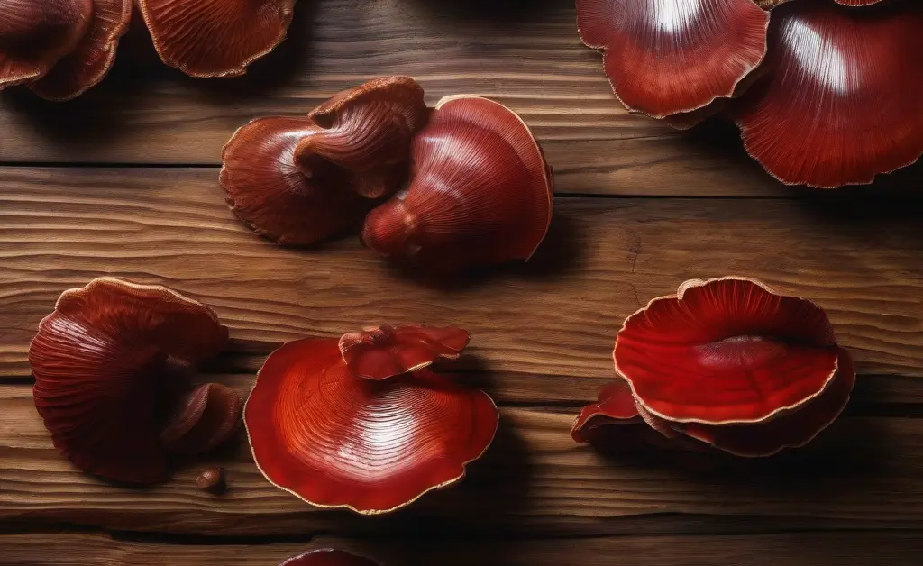 Close-up of fresh reishi mushrooms on a wooden surface symbolizing reishi mushroom benefits for eyes in natural health care.