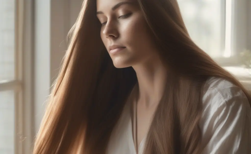 Close-up of a woman gently brushing her shiny, thick hair highlighting reishi mushroom benefits for hair in a calm, natural setting.
