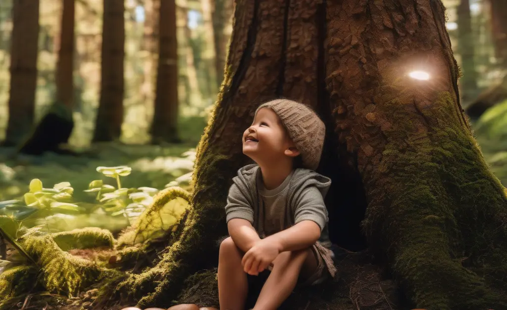 A happy child playing outdoors with a background of wild reishi mushrooms, illustrating the concept of reishi mushroom benefits for kids.