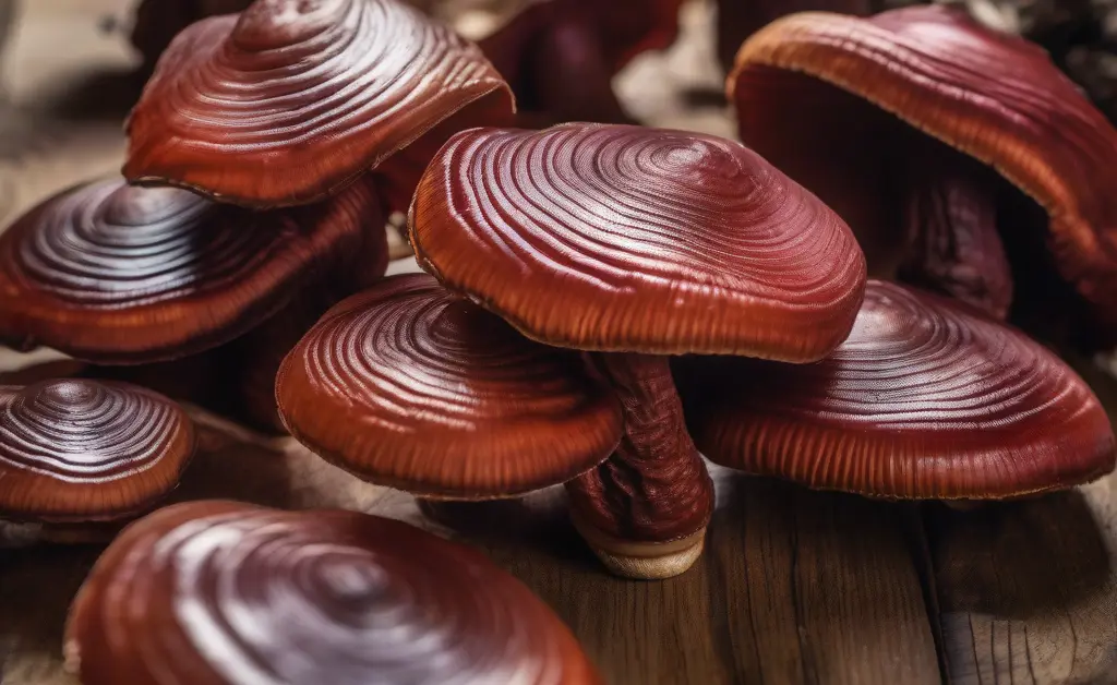 Close-up view of fresh reishi mushrooms on a wooden surface illustrating reishi mushroom benefits for lungs in a natural setting