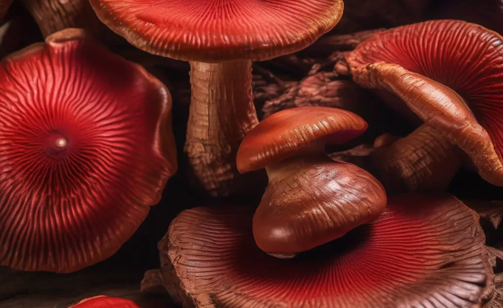 A close-up of fresh reishi mushrooms on a wooden surface illustrating reishi mushroom benefits for men in natural wellness.