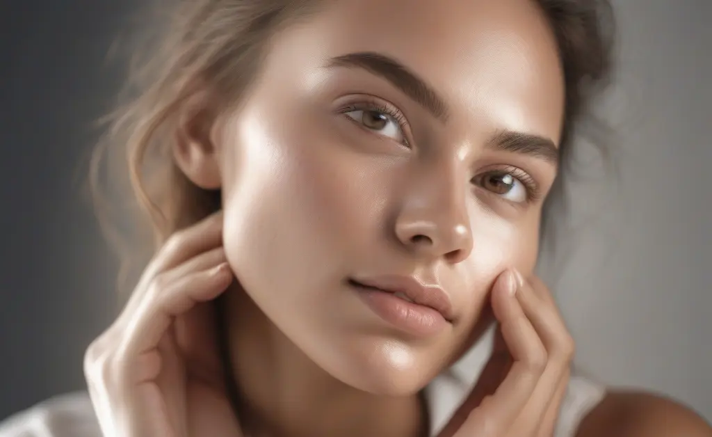 A close-up portrait of a young woman with glowing, hydrated skin illustrating the reishi mushroom benefits for skin.