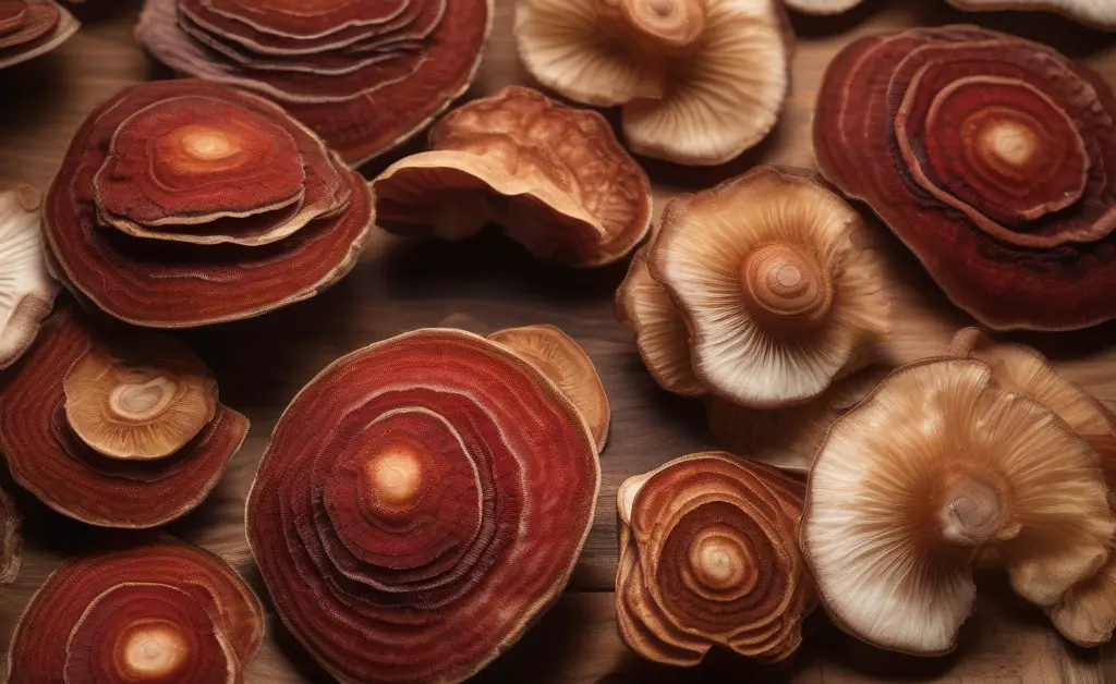 Close-up of fresh reishi mushroom caps next to a bowl of dried reishi slices illustrating reishi mushroom benefits for weight loss.