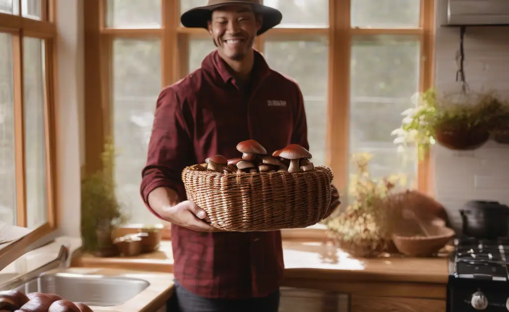 A cozy kitchen scene with a person holding a basket of fresh reishi mushrooms, illustrating the concept of reishi mushroom buy responsibly at home.