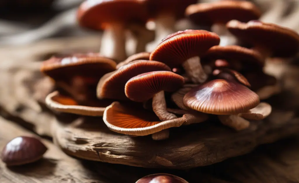 A close-up of premium organic reishi mushroom canada supplements displayed on a rustic wooden table with soft natural light highlighting their rich texture and deep reddish-brown color.