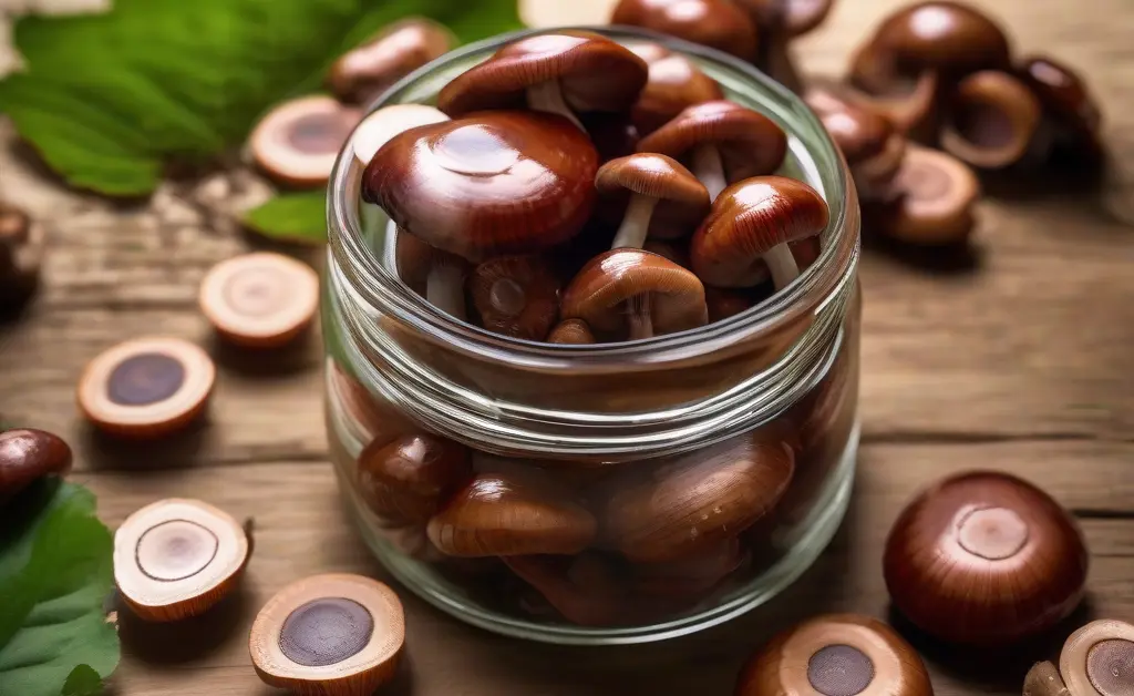 A close-up of a glass jar filled with reishi mushroom capsules on a wooden table surrounded by fresh reishi mushrooms and green leaves.
