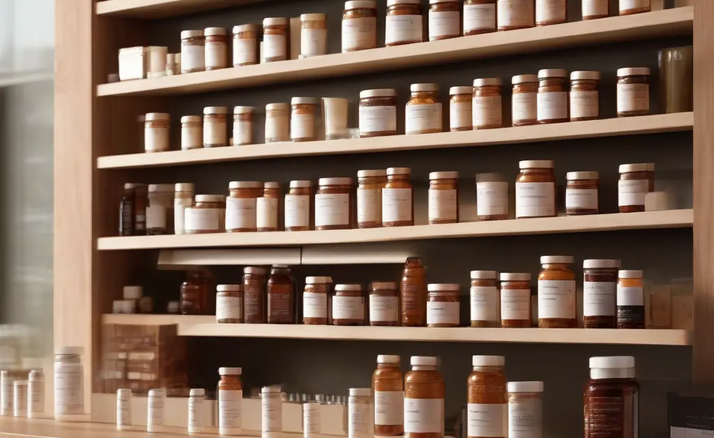A variety of reishi mushroom dischem supplement bottles and containers displayed on a wooden shelf in a bright health store.