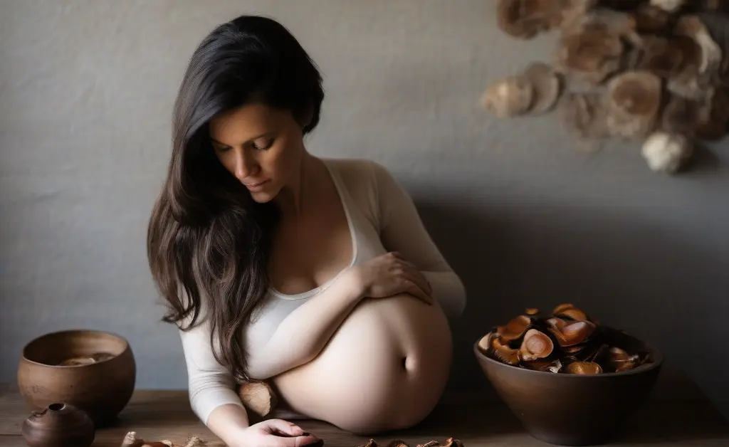Close-up of a pregnant woman gently holding her belly with visible dried reishi mushroom slices on a wooden table nearby, symbolizing reishi mushroom during pregnancy.