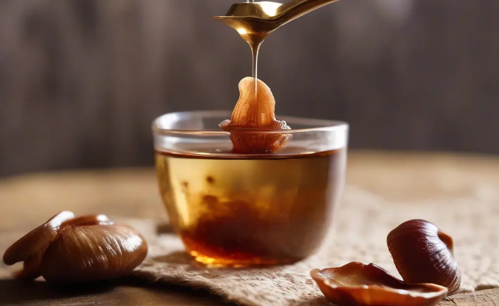A close-up of a glass dropper releasing golden liquid into a small bowl surrounded by fresh and dried reishi mushrooms, highlighting the natural source of reishi mushroom extract.