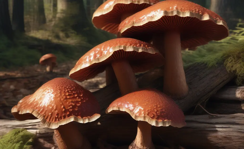 Close-up of vibrant reishi mushroom farming showcasing glossy red caps growing densely on wood logs in a shaded forest environment.