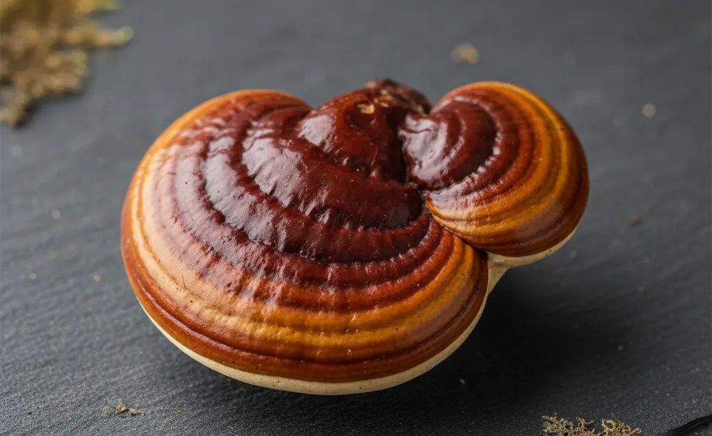 A detailed photograph of a whole reishi mushroom resting on a dark slate surface, highlighting its glossy reddish-brown cap.
