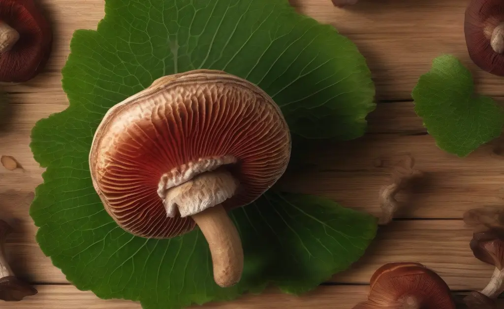 Close-up of a fresh reishi mushroom for anxiety on a wooden surface surrounded by green leaves in soft natural light.