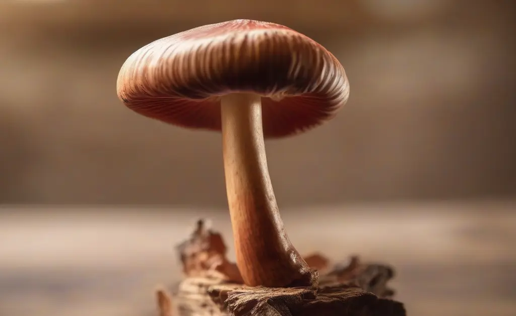 Close-up of a fresh reishi mushroom on a wooden surface illustrating reishi mushroom for hirsutism concept