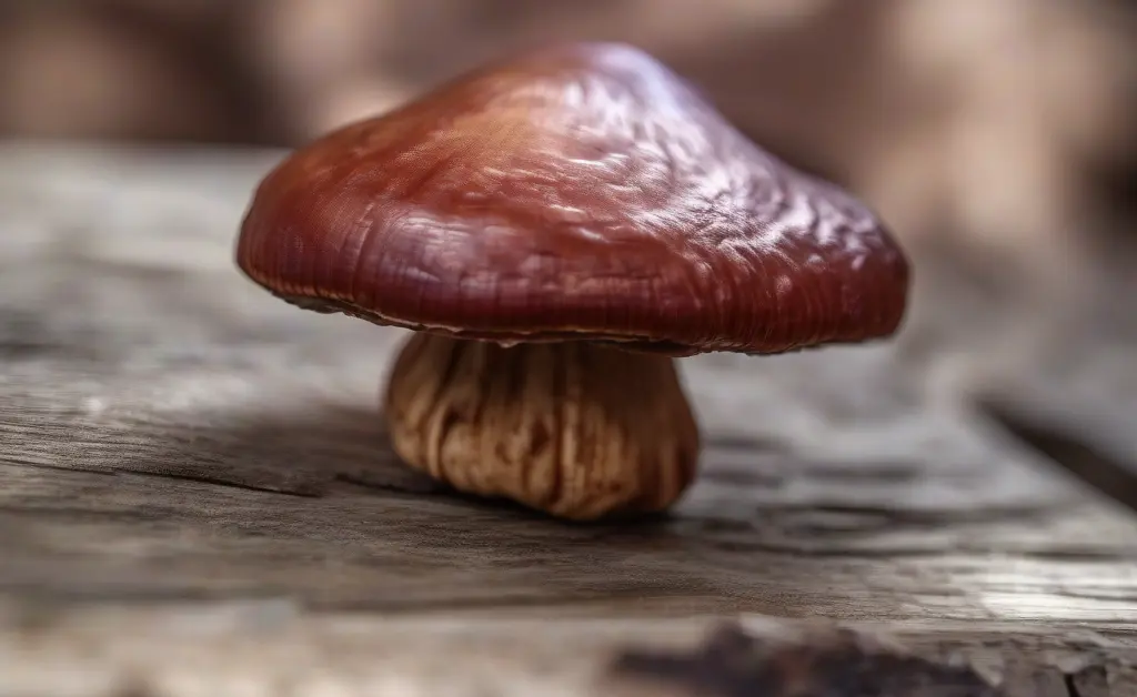 A close-up view of a fresh reishi mushroom for liver displayed on a wooden surface with soft natural light highlighting its textured surface.