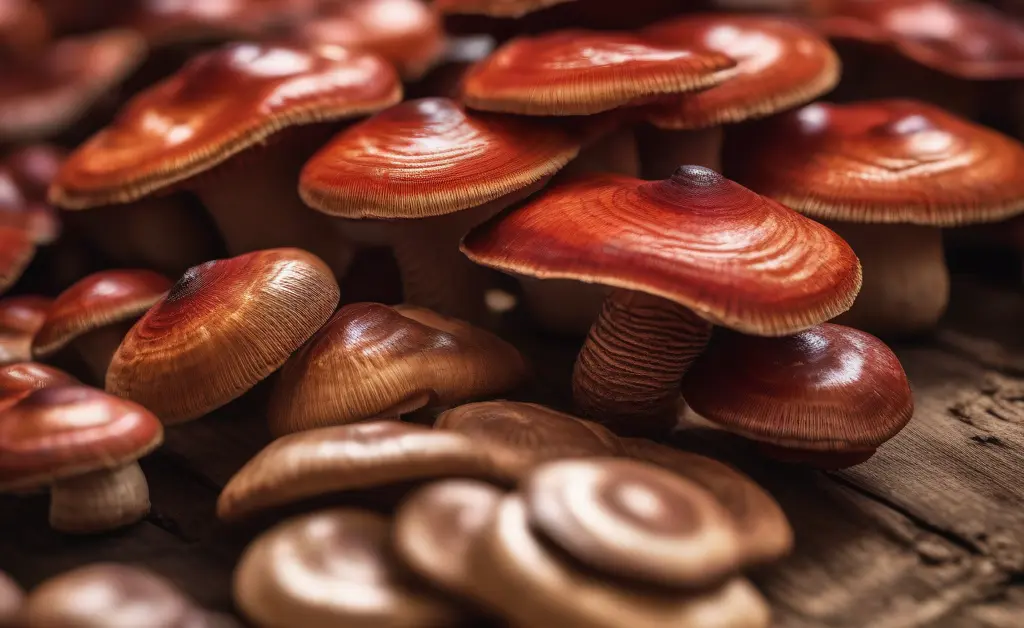 Close-up view of fresh reishi mushroom for sale displayed on rustic wooden surface with soft natural lighting highlighting its vibrant colors and texture